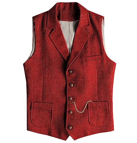 Tuikayoo Herren Western Herringbone Tweed Anzug Weste Wolle Slim Fit Weste (Rot,XXL) von Tuikayoo