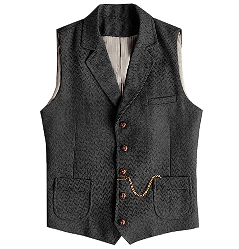 Tuikayoo Herren Western Herringbone Tweed Anzug Weste Wolle Slim Fit Weste (Schwarz,4XL) von Tuikayoo