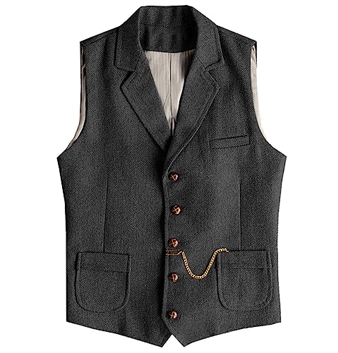 Tuikayoo Herren Western Herringbone Tweed Anzug Weste Wolle Slim Fit Weste (Schwarz,M) von Tuikayoo