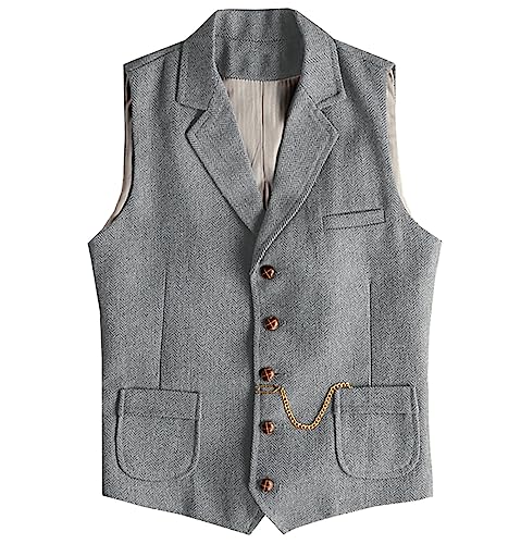 Tuikayoo Herren Western Herringbone Tweed Anzug Weste Wolle Slim Fit Weste (Silber,3XL) von Tuikayoo