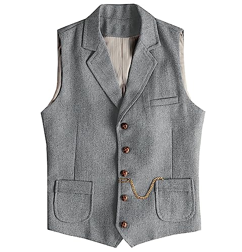 Tuikayoo Herren Western Herringbone Tweed Anzug Weste Wolle Slim Fit Weste (Silber,4XL) von Tuikayoo