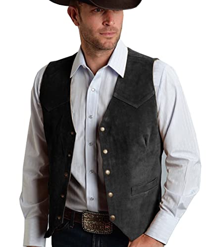 Tuikayoo Herren Wildleder Anzug Weste Jahrgang Western Cowboy Weste Normale Passform(3XL, Schwarz) von Tuikayoo