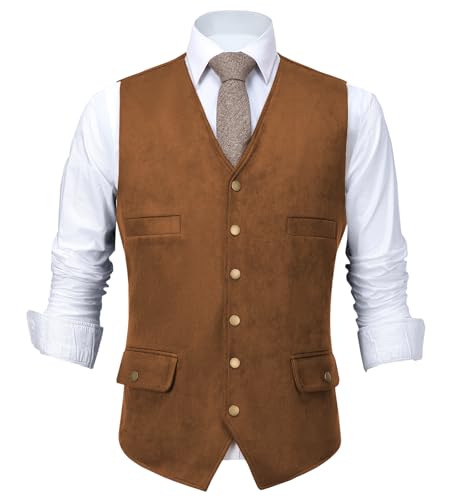 Tuikayoo Herren Wildleder Anzug Weste Jahrgang Western Cowboy Weste Normale Passform für Hochzeit Groomsmen（Braun，M） von Tuikayoo