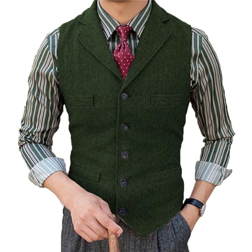 Tuikayoo Herrenanzug Weste Slim Fit Wollkleid Weste Tweed Herringbone für Trauzeugen（Armeegrün，L） von Tuikayoo