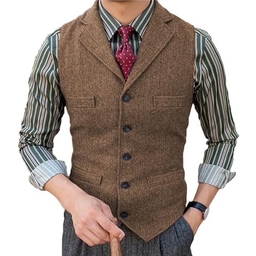 Tuikayoo Herrenanzug Weste Slim Fit Wollkleid Weste Tweed Herringbone für Trauzeugen（Braun，L） von Tuikayoo