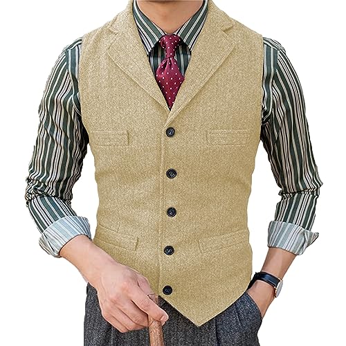 Tuikayoo Herrenanzug Weste Slim Fit Wollkleid Weste Tweed Herringbone für Trauzeugen（Champagner，L） von Tuikayoo