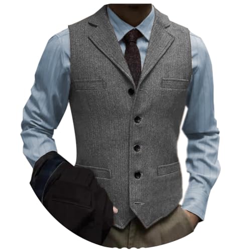 Tuikayoo Herrenanzug Weste Slim Fit Wollkleid Weste Tweed Herringbone für Trauzeugen（Grau，M） von Tuikayoo