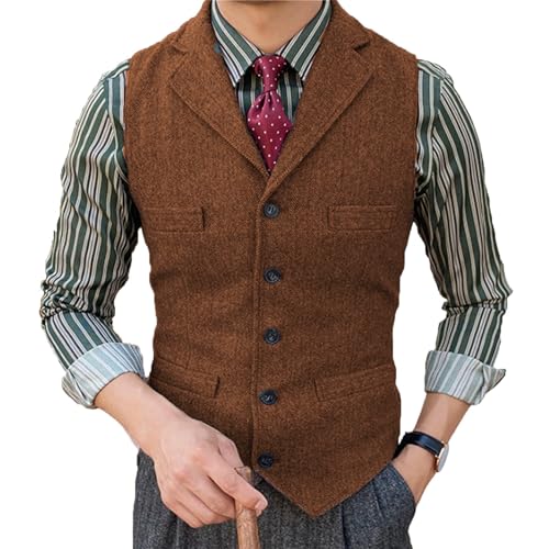 Tuikayoo Herrenanzug Weste Slim Fit Wollkleid Weste Tweed Herringbone für Trauzeugen（Orange，S） von Tuikayoo