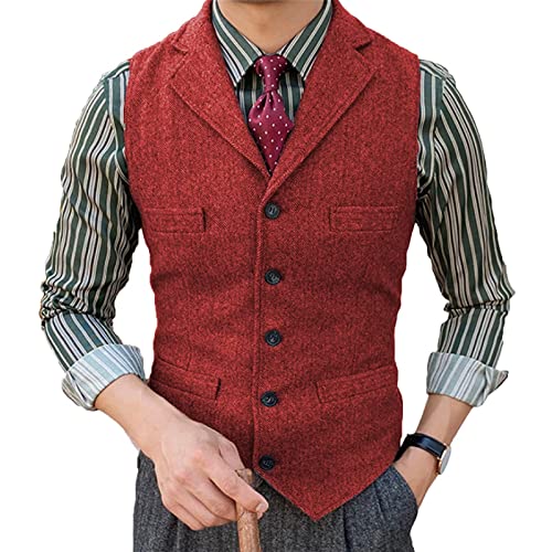 Tuikayoo Herrenanzug Weste Slim Fit Wollkleid Weste Tweed Herringbone für Trauzeugen（Rot，S） von Tuikayoo