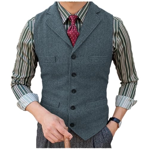 Tuikayoo Herrenanzug Weste Slim Fit Wollkleid Weste Tweed Herringbone für Trauzeugen（leichte Marine，XL） von Tuikayoo