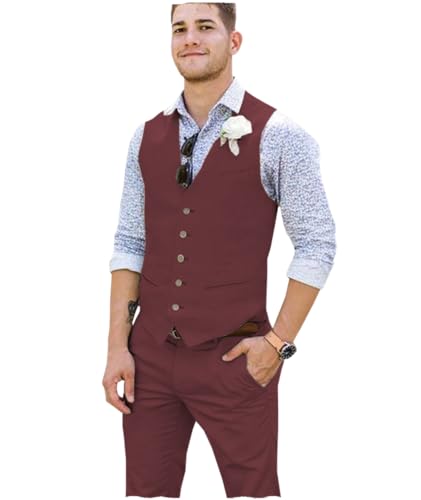 Tuikayoo Männer Sommer Leinen Weste Leinen V-Ausschnitt slim fit Anzug Weste Kleid für Strand Hochzeit Prom Party Urlaub（Burgund，L） von Tuikayoo