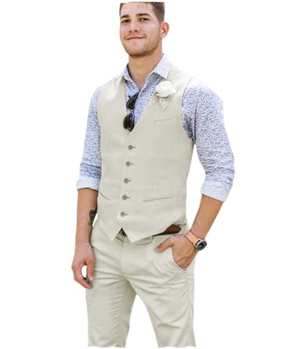 Tuikayoo Männer Sommer Leinen Weste Leinen V-Ausschnitt slim fit Anzug Weste Kleid für Strand Hochzeit Prom Party Urlaub（Elfenbein，L） von Tuikayoo