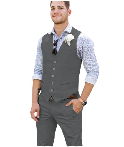 Tuikayoo Männer Sommer Leinen Weste Leinen V-Ausschnitt slim fit Anzug Weste Kleid für Strand Hochzeit Prom Party Urlaub（Grau，L） von Tuikayoo