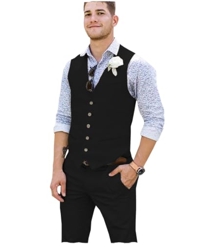 Tuikayoo Männer Sommer Leinen Weste Leinen V-Ausschnitt slim fit Anzug Weste Kleid für Strand Hochzeit Prom Party Urlaub（Schwarz，XL） von Tuikayoo