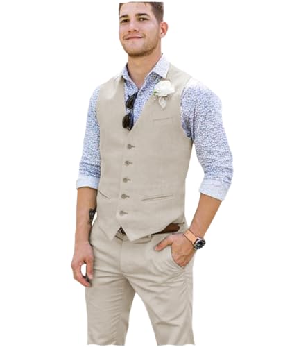 Tuikayoo Männer Sommer Leinen Weste Leinen V-Ausschnitt slim fit Anzug Weste Kleid für Strand Hochzeit Prom Party Urlaub（beige，S） von Tuikayoo