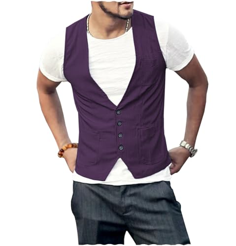 Tuikayoo Männer Sommer Leinen Weste Leinen regelmäßige Passform Anzug Weste Kleid für Strand Hochzeit Abschlussball Partei（Lila，M） von Tuikayoo
