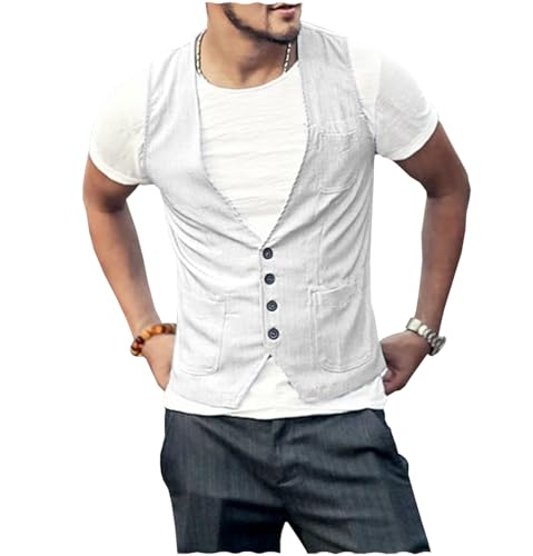 Tuikayoo Männer Sommer Leinen Weste Leinen regelmäßige Passform Anzug Weste Kleid für Strand Hochzeit Abschlussball Partei（Weiß，XL） von Tuikayoo