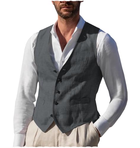 Tuikayoo Männer Sommer Leinen Weste Strand slim fit Anzug Weste Casual für Hochzeit Prom Party（Grau，XXL） von Tuikayoo