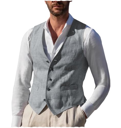 Tuikayoo Männer Sommer Leinen Weste Strand slim fit Anzug Weste Casual für Hochzeit Prom Party（Hellgrau，XXL） von Tuikayoo