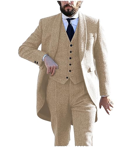 Tuikayoo Tweed Herren Frack 3 Stück Herringbone Anzüge Prom Smokings Hochzeit Trauzeugen Blazer Sets（Champagner，XXL） von Tuikayoo