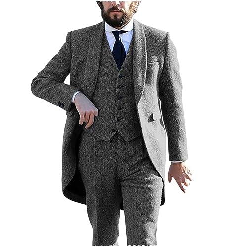 Tuikayoo Tweed Herren Frack 3 Stück Herringbone Anzüge Prom Smokings Hochzeit Trauzeugen Blazer Sets（Grau，3XL） von Tuikayoo