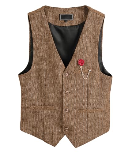 Tuikayoo Womens Herringbone Tweed Vest ärmellos Button Down Top V Neck Outerwear Weste （Braun，M） von Tuikayoo