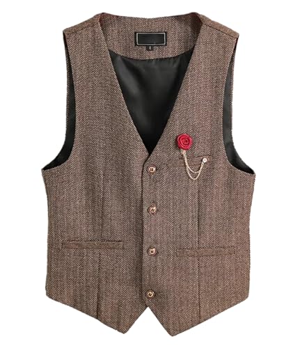 Tuikayoo Womens Herringbone Tweed Vest ärmellos Button Down Top V Neck Outerwear Weste （Hellbraun，L） von Tuikayoo