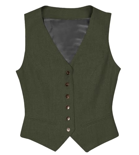 Tuikayoo Womens Herringbone Tweed ärmelloses Slim Fit Button Down Top V Hals Oberbekleidung Weste （Armeegrün，M） von Tuikayoo