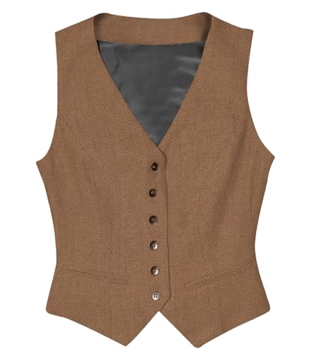 Tuikayoo Womens Herringbone Tweed ärmelloses Slim Fit Button Down Top V Hals Oberbekleidung Weste （Braun，XS） von Tuikayoo