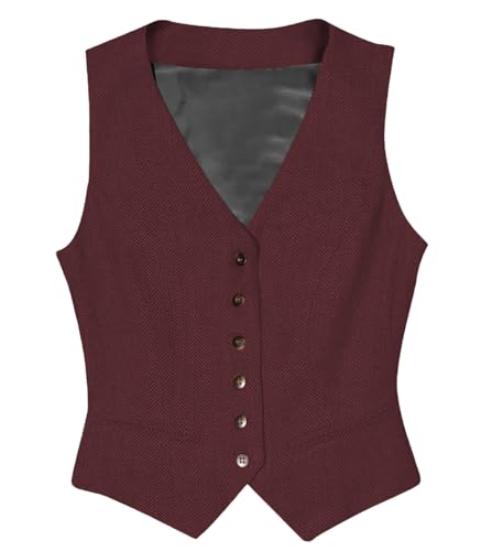 Tuikayoo Womens Herringbone Tweed ärmelloses Slim Fit Button Down Top V Hals Oberbekleidung Weste （Burgundisch，L） von Tuikayoo