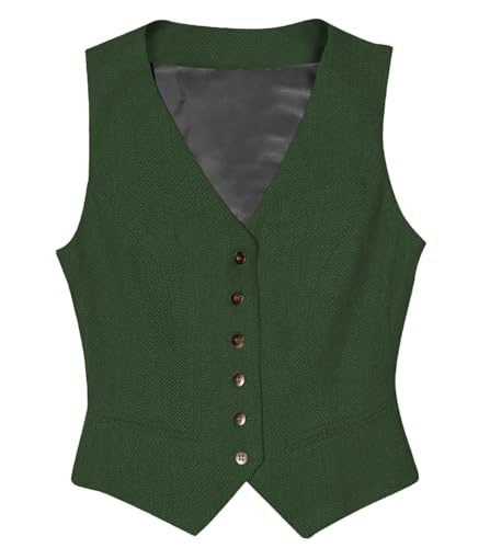Tuikayoo Womens Herringbone Tweed ärmelloses Slim Fit Button Down Top V Hals Oberbekleidung Weste （Grün，M） von Tuikayoo