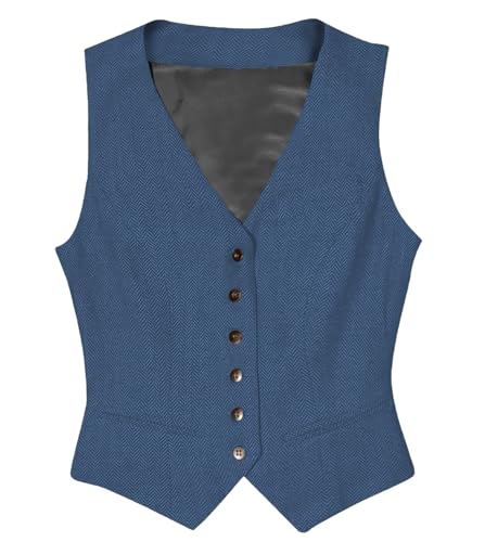 Tuikayoo Womens Herringbone Tweed ärmelloses Slim Fit Button Down Top V Hals Oberbekleidung Weste （Hellblau，XL） von Tuikayoo