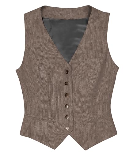 Tuikayoo Womens Herringbone Tweed ärmelloses Slim Fit Button Down Top V Hals Oberbekleidung Weste （Hellbraun，L） von Tuikayoo
