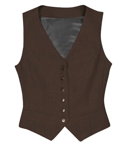 Tuikayoo Womens Herringbone Tweed ärmelloses Slim Fit Button Down Top V Hals Oberbekleidung Weste （Kaffee，XS） von Tuikayoo