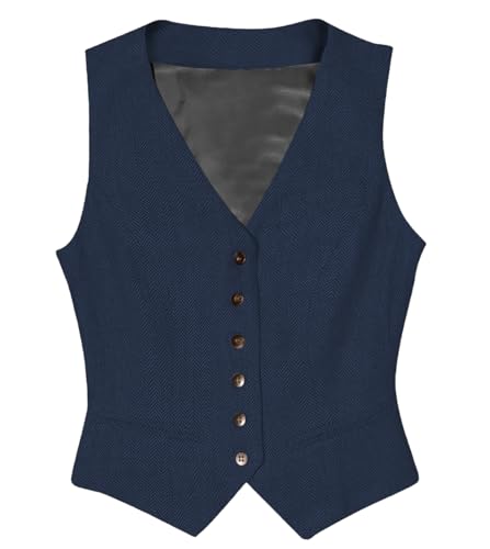 Tuikayoo Womens Herringbone Tweed ärmelloses Slim Fit Button Down Top V Hals Oberbekleidung Weste （Marine，M） von Tuikayoo