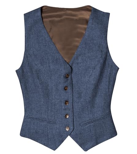 Tuikayoo Womens Herringbone Tweed ärmelloses Slim Fit Button Down Top V Hals Oberbekleidung Weste （Marineblau，XS） von Tuikayoo