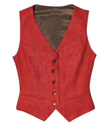 Tuikayoo Womens Herringbone Tweed ärmelloses Slim Fit Button Down Top V Hals Oberbekleidung Weste （Rot，XXL） von Tuikayoo
