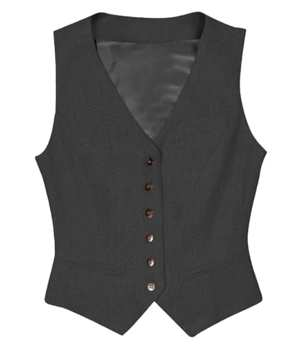 Tuikayoo Womens Herringbone Tweed ärmelloses Slim Fit Button Down Top V Hals Oberbekleidung Weste （Schwarz，XS） von Tuikayoo
