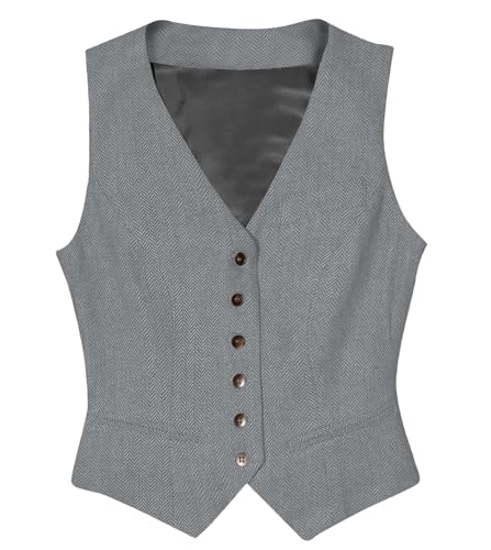 Tuikayoo Womens Herringbone Tweed ärmelloses Slim Fit Button Down Top V Hals Oberbekleidung Weste （Silber，M） von Tuikayoo