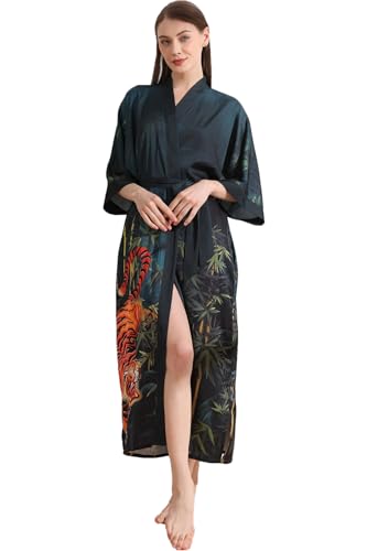 Langer Kimono-Bademantel für Damen, Blumenmuster, lang, Seidenmantel, seidiger Bademantel, Morgenmantel, lang, Satin-Robe, Tiger Dunkelgrün, 1-2 Langer Kimono-Bademantel für Damen, Blumenmuster, lang, Seidenmantel, seidiger Bademantel, Morgenmantel, lang, Satin-Robe, Tiger Dunkelgrün, 1-2 von Tukesan