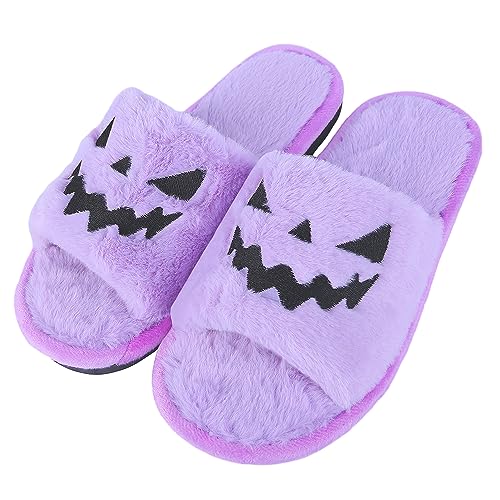 Tukuisi Halloween Jack O Lantern Kürbis Hausschuhe Damen - Open Toe Indoor Outdoor Fuzzy Pantoffeln von Tukuisi
