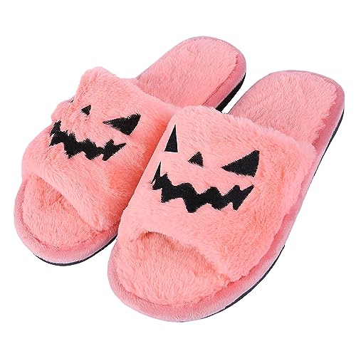 Tukuisi Halloween Jack O Lantern Kürbis Hausschuhe Damen - Open Toe Indoor Outdoor Fuzzy Slipper von Tukuisi