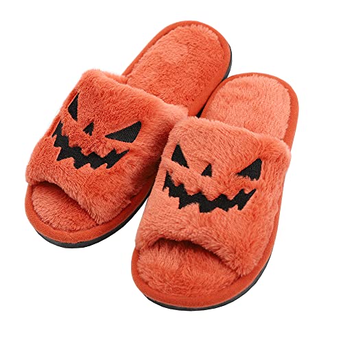 Tukuisi Halloween Jack O Lantern Kürbis Hausschuhe Damen - Open Toe Indoor Outdoor Fuzzy Pantoffeln von Tukuisi