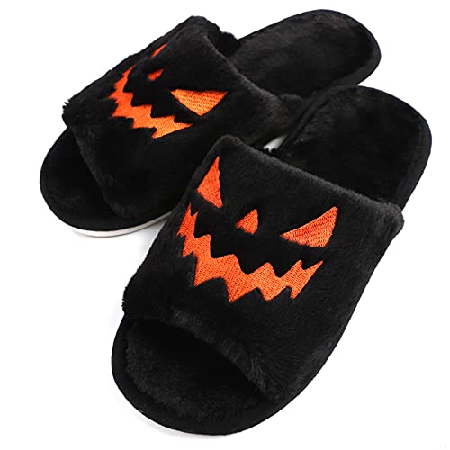 Tukuisi Halloween Hausschuhe Damen Jack O Lantern Kürbis Hausschuhe Open Toe Indoor Outdoor Fuzzy Hausschuhe von Tukuisi