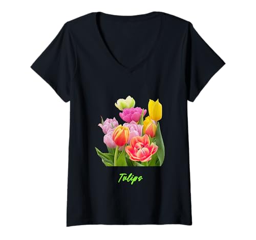 Damen Schöne rosafarbene, Violette, gelbe, weiße Tulpen blühen T-Shirt mit V-Ausschnitt Damen Schöne rosafarbene, Violette, gelbe, weiße Tulpen blühen T-Shirt mit V-Ausschnitt von Tulip Topia