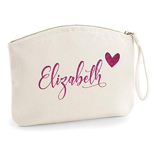 Personalisiert Name Initialen Kosmetiktasche Damen Schminktasche Handtasche Zubehör Taschen - Natürlich - L (28 x 22 cm) - Name und Herz Rosa Glitzer von TULLUN