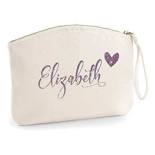 Personalisiert Name Initialen Kosmetiktasche Damen Schminktasche Handtasche Zubehör Taschen - Natürlich - L (28 x 22 cm) - Name und Herz Rose Gold Glitzer von TULLUN