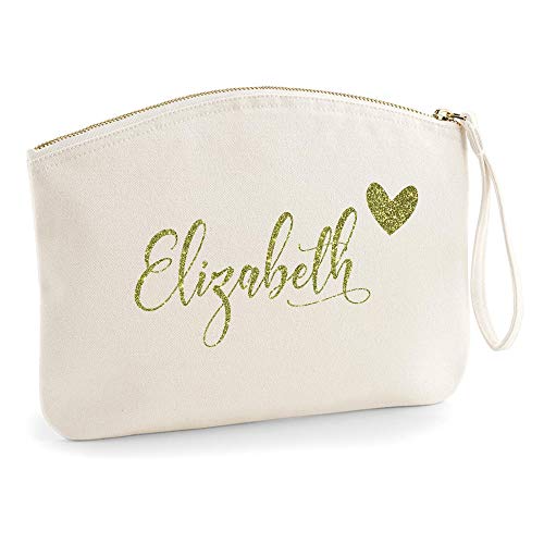 Personalisiert Name Initialen Kosmetiktasche Damen Schminktasche Handtasche Zubehör Taschen - Natürlich - S (19 x 17 cm) - Gold Glitzer Name und Herz von TULLUN