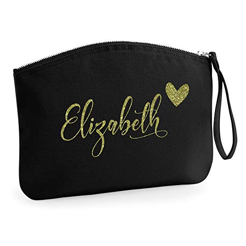 Personalisiert Name Initialen Kosmetiktasche Damen Schminktasche Handtasche Zubehör Taschen - Schwarz - L (28 x 22 cm) - Gold Glitzer Name und Herz von TULLUN