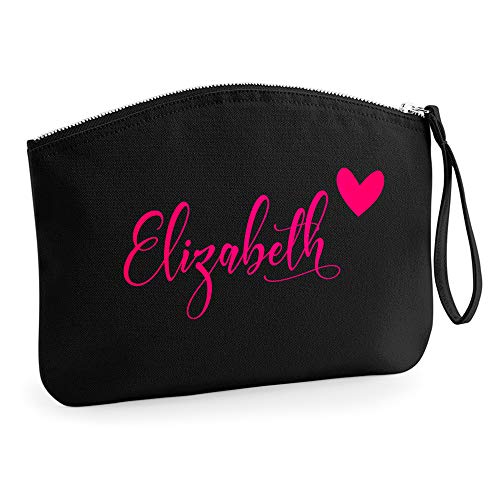 Personalisiert Name Initialen Kosmetiktasche Damen Schminktasche Handtasche Zubehör Taschen - Schwarz - L (28 x 22 cm) - Name und Herz Neonrosa Flocke von TULLUN